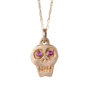 Distinctive Shape Fresh Form Charmed Skull Hot Pink Sapphire Necklace - 14k Gold