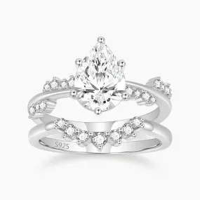 Subtle Finish Artistic Edge 2CT Pear Shape Crown Bridal Ring Teardrop Set