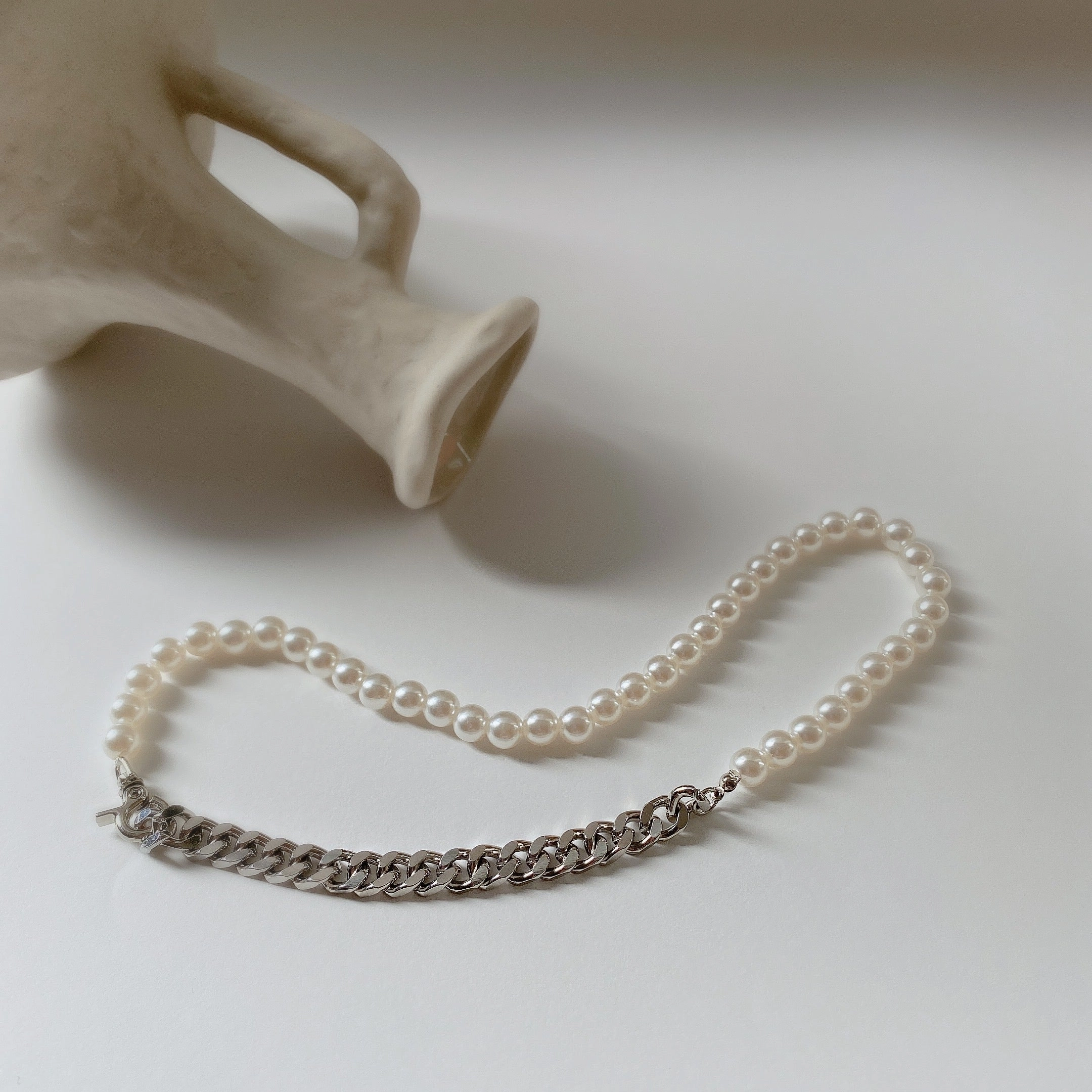 Gioconda Pearl & Curb Mixed Chain Necklace High Shine