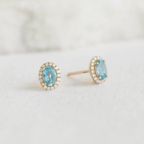 Glistening Look Swiss Blue Topaz Halo Stud Earrings 14k Gold - Marzia