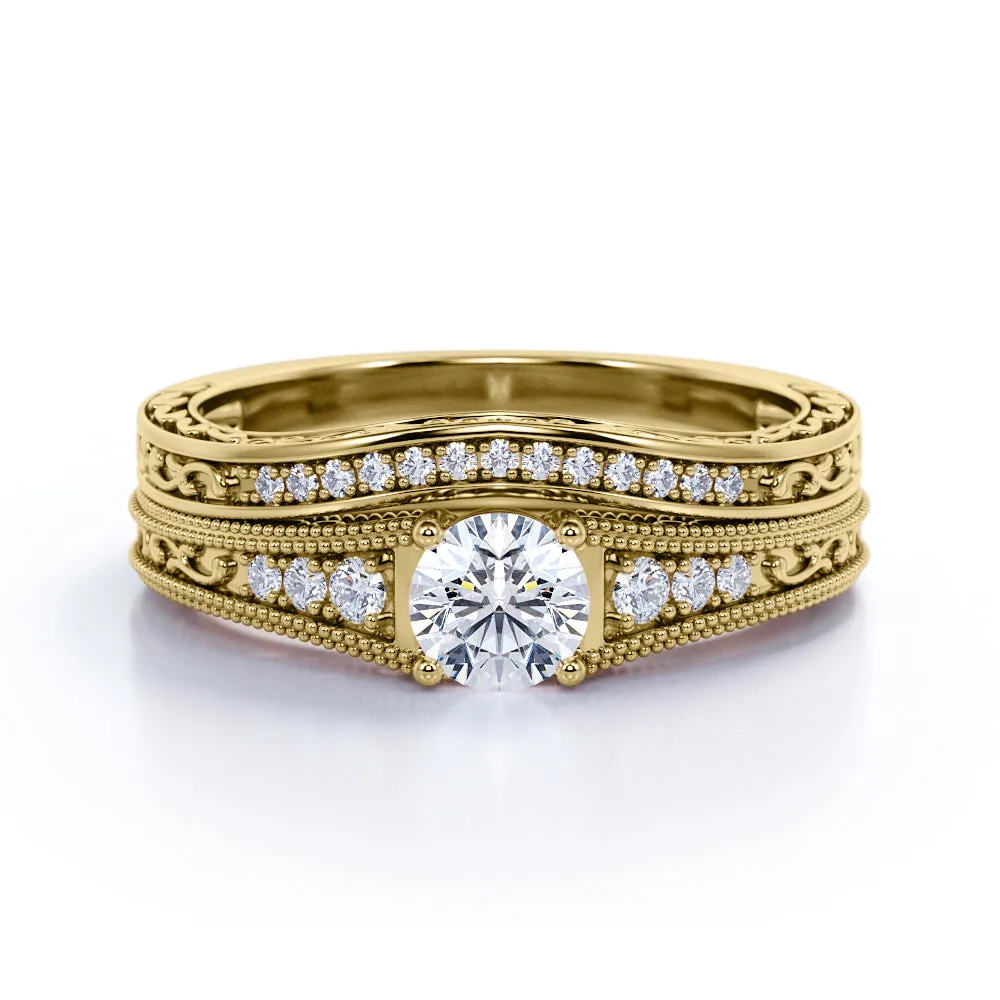 Timeless Accent Certified 1.5 CT Round Lab Diamond Vintage Milgrain Bridal Set