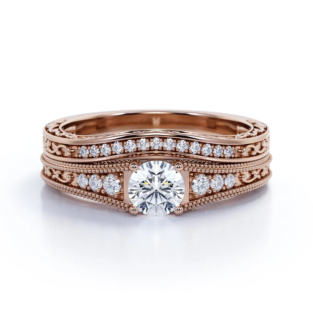 Timeless Gift Dusk Mood Certified 1.5 CT Round Lab Diamond Vintage Milgrain Bridal Set