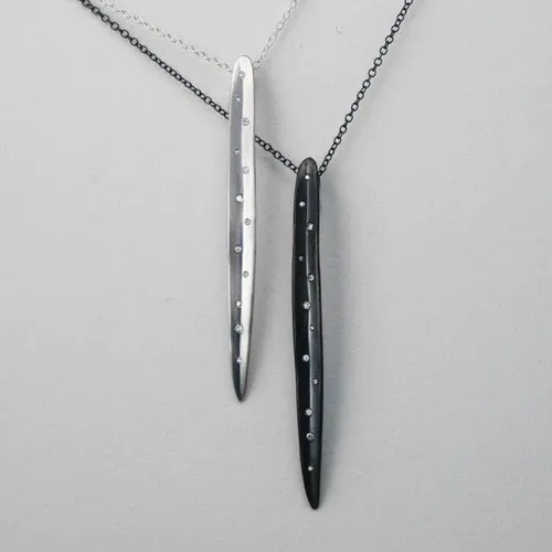 Graceful Craft Long Leaf Diamond Necklace - Oxidized Silver   Diamonds