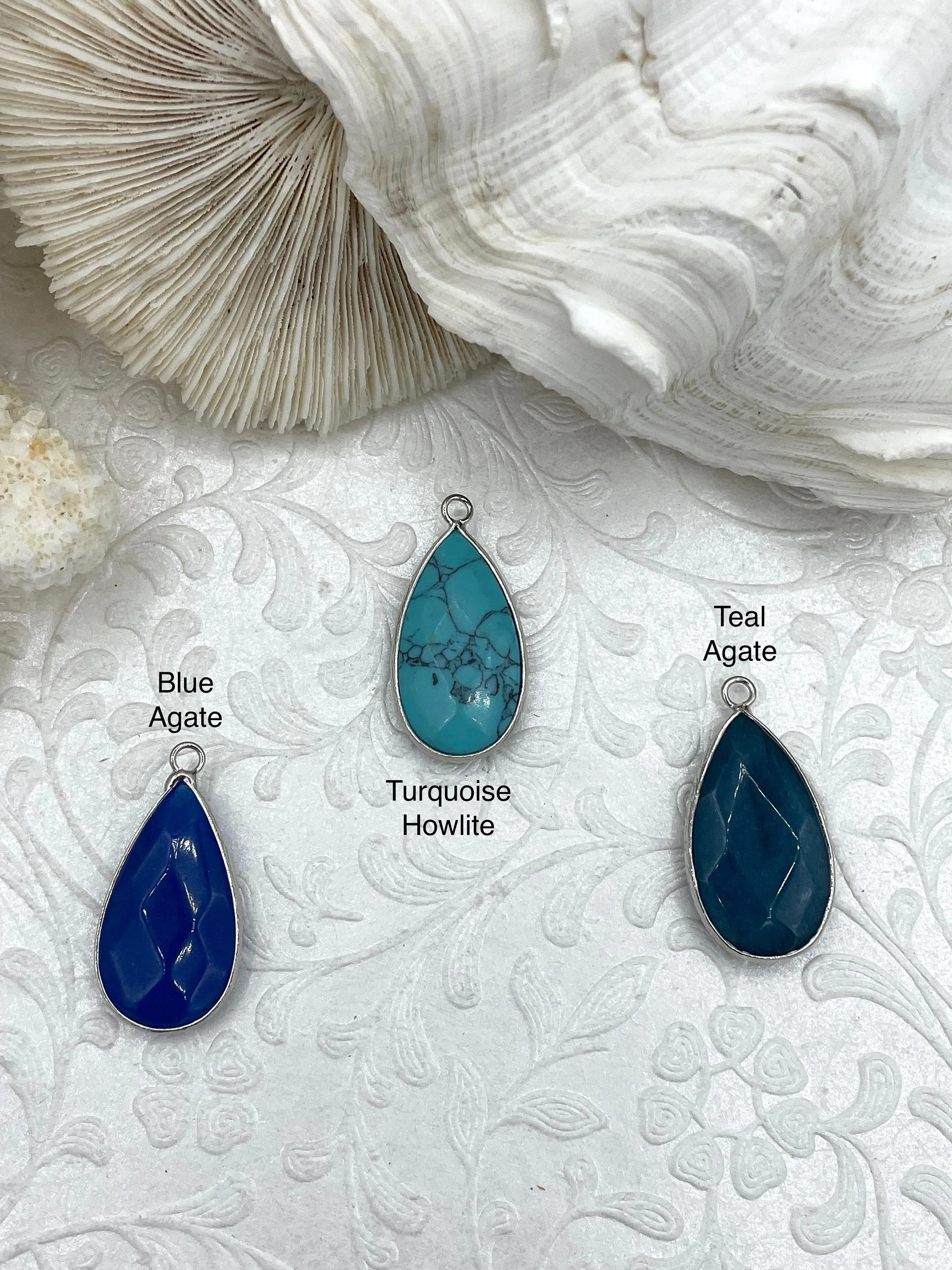 Natural Stone Teardrop Pendant with Wrapped Silver Bezel, Silver plated Brass Bezel, 3 Stone Colors to choose from, Stone Pendant, Fast Ship Night Accent