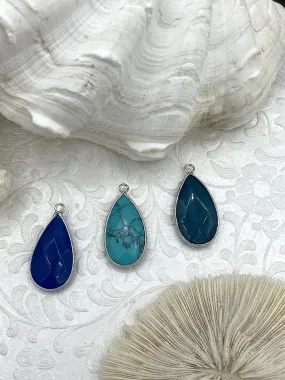 Timeless Style Ornamental Adornment Natural Stone Teardrop Pendant with Wrapped Silver Bezel, Silver plated Brass Bezel, 3 Stone Colors to choose from, Stone Pendant, Fast Ship