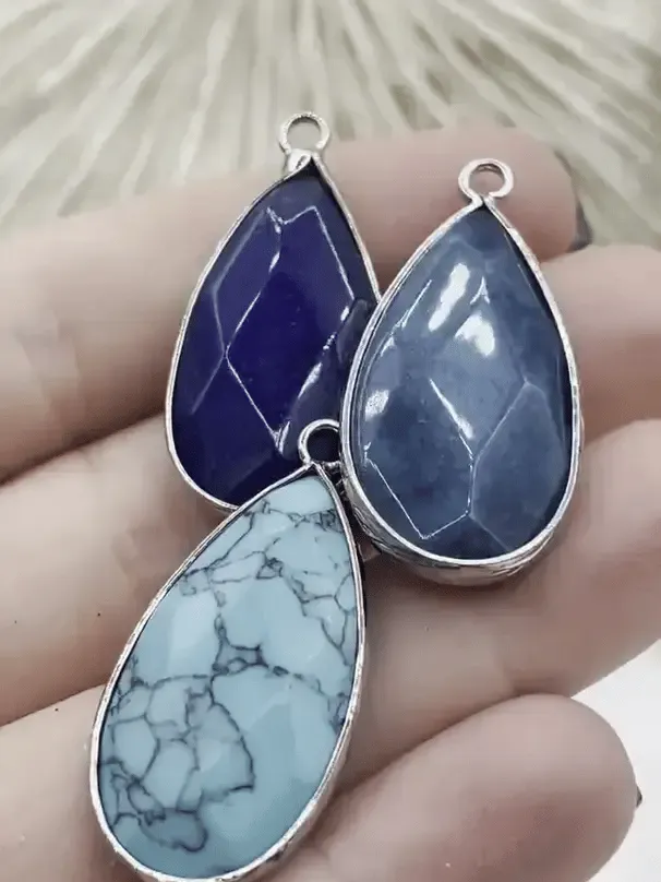 Natural Stone Teardrop Pendant with Wrapped Silver Bezel, Silver plated Brass Bezel, 3 Stone Colors to choose from, Stone Pendant, Fast Ship Decorative Pendant