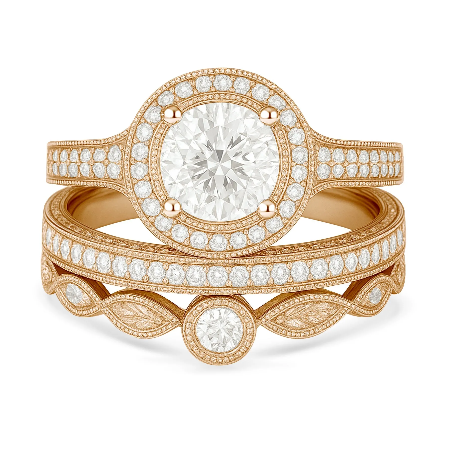 Luminous Highlight Refined Texture Certified 1.10 Ct Round Lab Diamond Halo Vintage Pave Trio Set