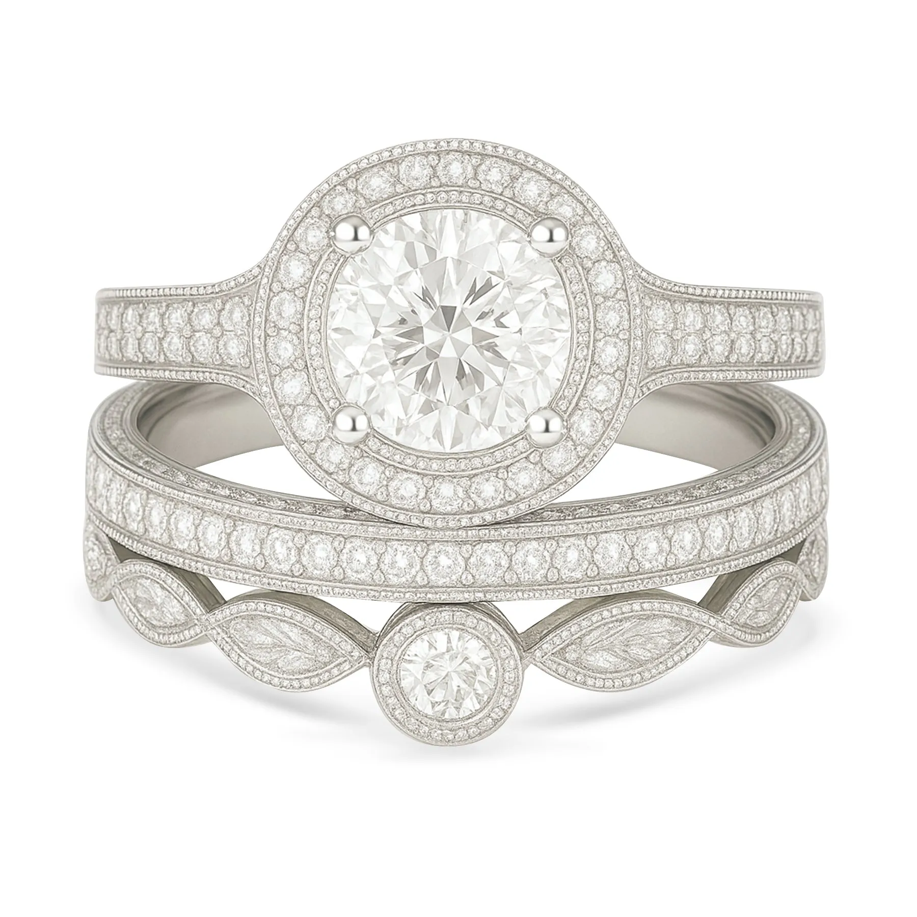 Certified 1.10 Ct Round Lab Diamond Halo Vintage Pave Trio Set Trendy Form