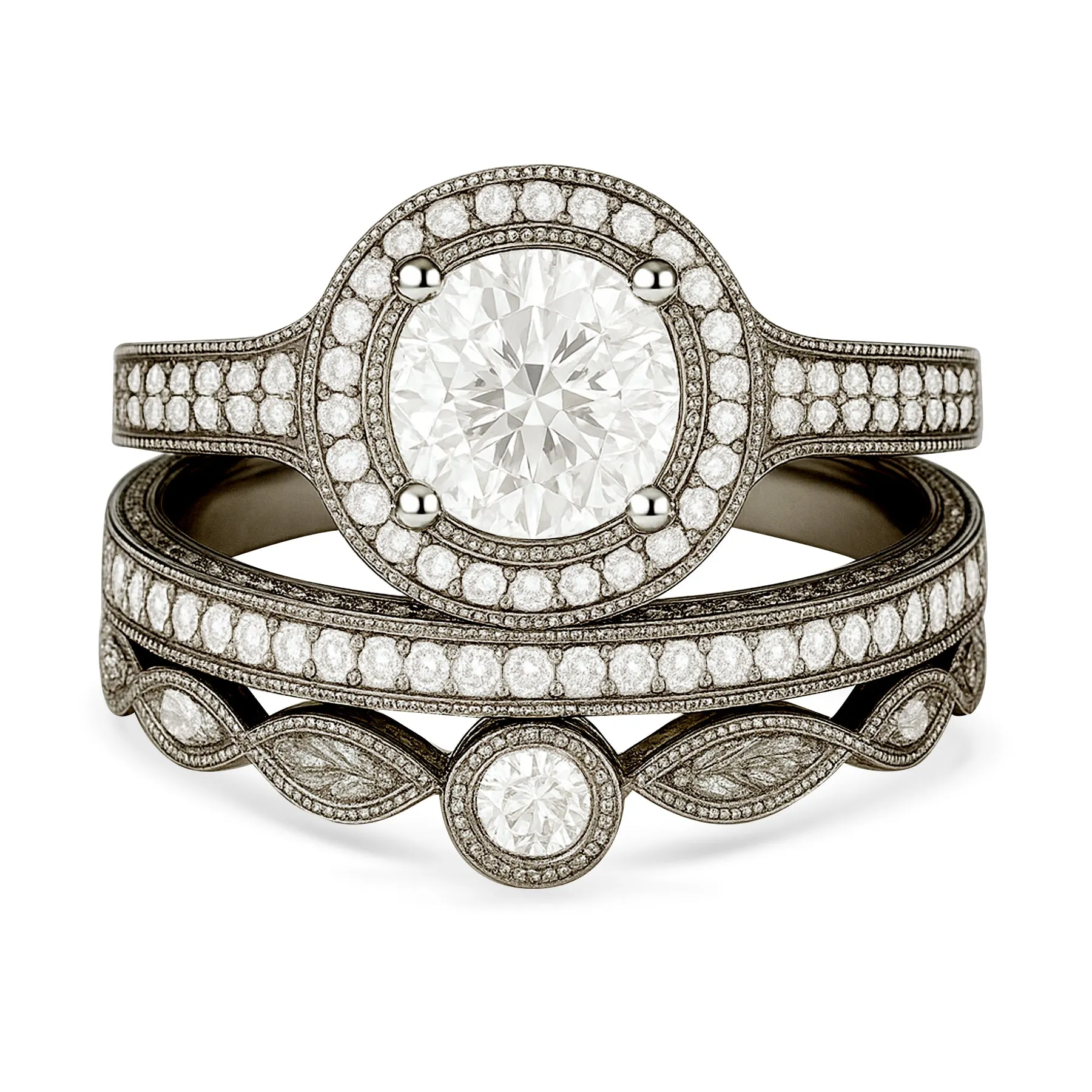 Certified 1.10 Ct Round Lab Diamond Halo Vintage Pave Trio Set Chic Flow