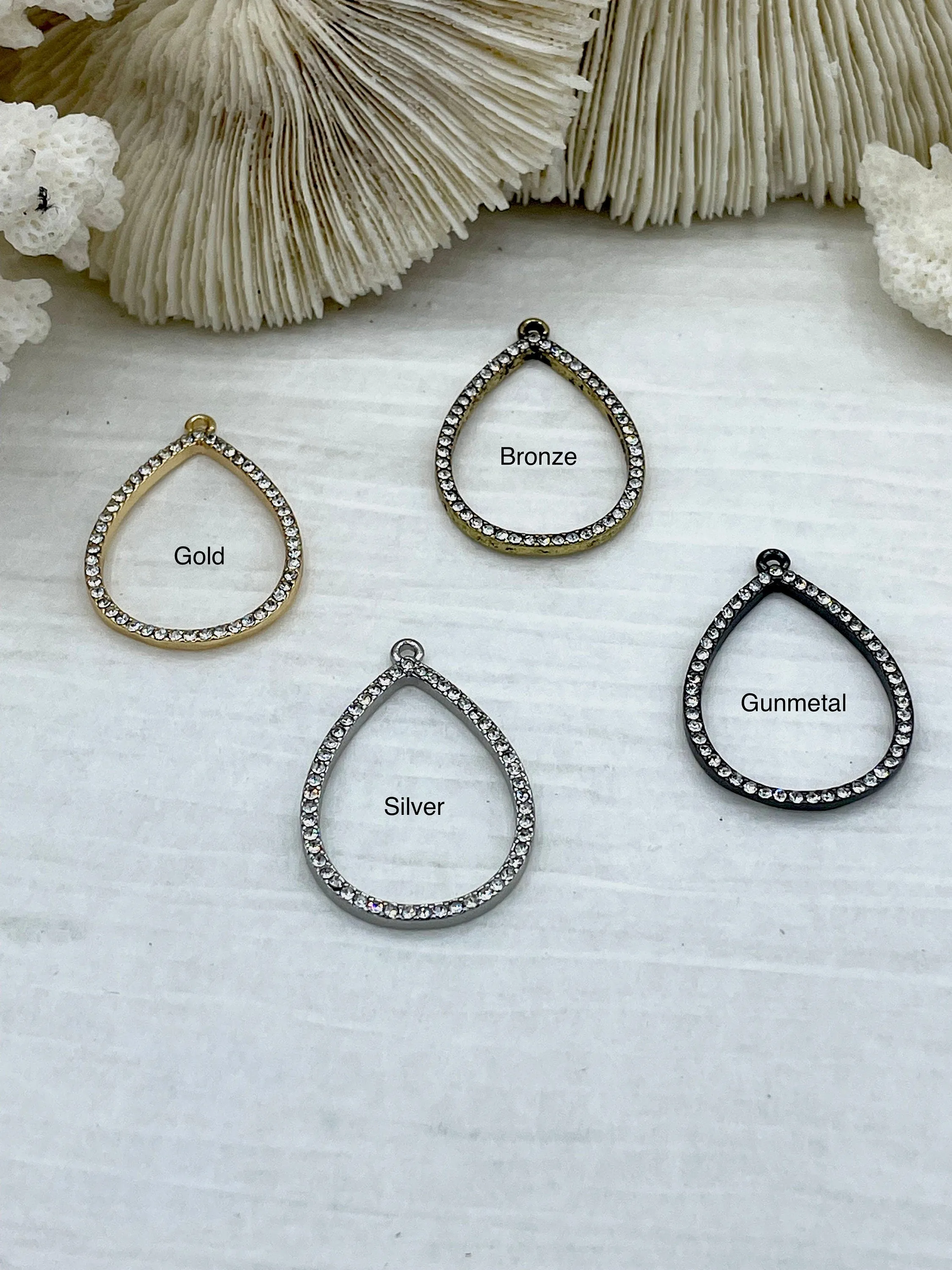 Small Teardrop Crystal Charm Pendants, Rhinestone Pave Small, 31mm, x 21mm x 2mm Charm/Pendant, Bronze, Gold, Silver, Gunmetal, Fast Ship Elegant Touch High-End Item
