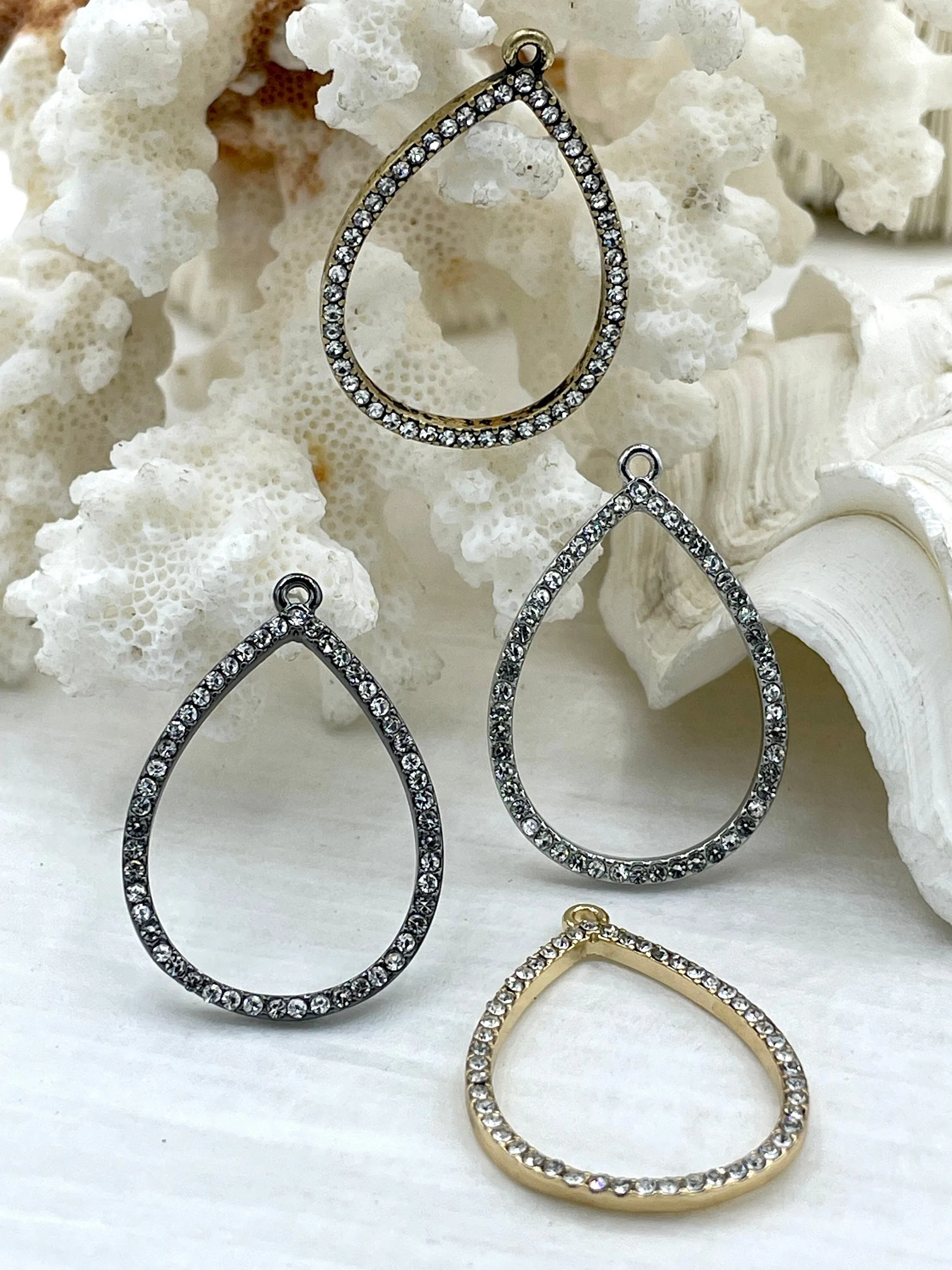 Premium accessory Small Teardrop Crystal Charm Pendants, Rhinestone Pave Small, 31mm, x 21mm x 2mm Charm/Pendant, Bronze, Gold, Silver, Gunmetal, Fast Ship
