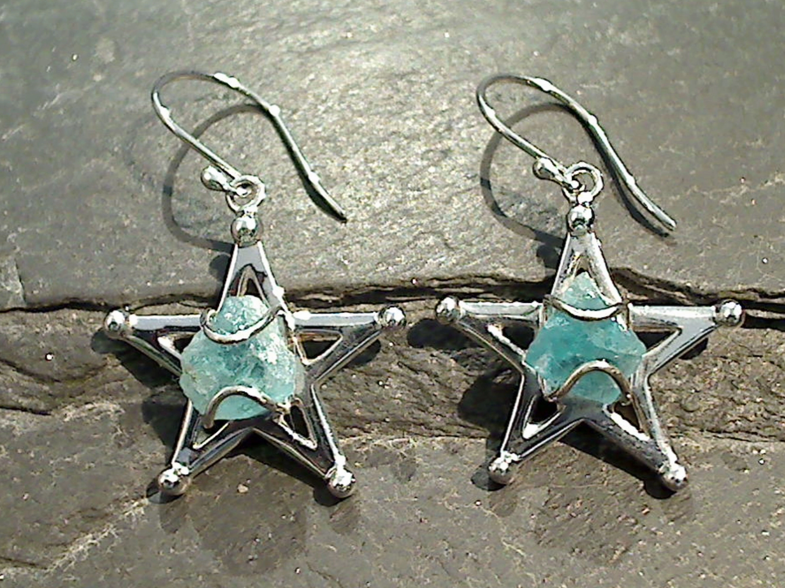 Rough Apatite, Rhodium Plated Sterling Silver Star Earrings Minimalist Item
