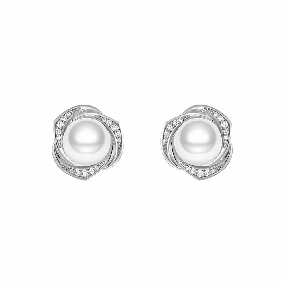 Soft Light Premium Craft Freshwater Pearl Stud Earrings with Diamond Floral Halo