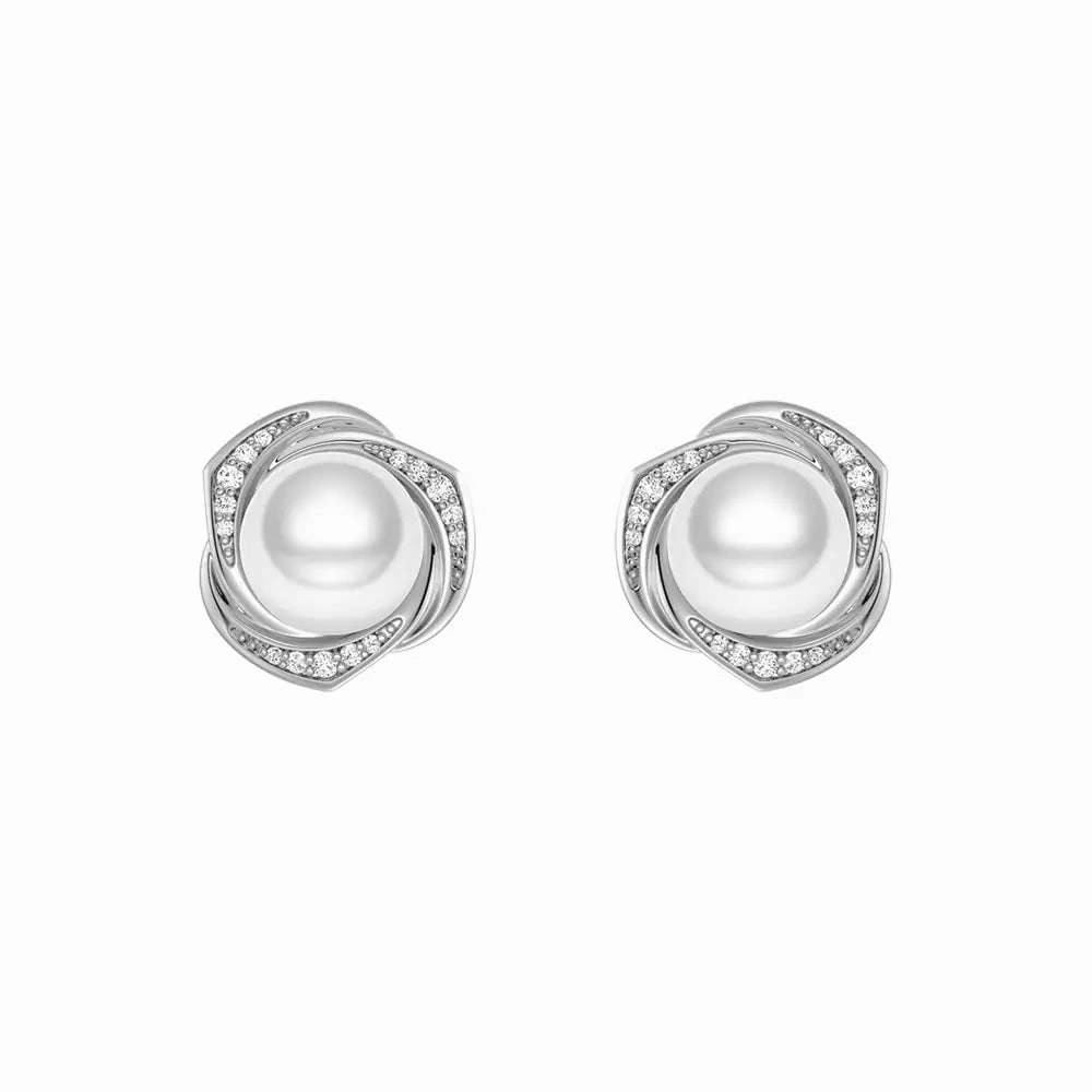 Daily Outfit Outdoor Set Freshwater Pearl Stud Earrings with Diamond Floral Halo