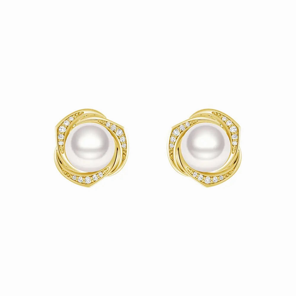 Urban Touch Freshwater Pearl Stud Earrings with Diamond Floral Halo