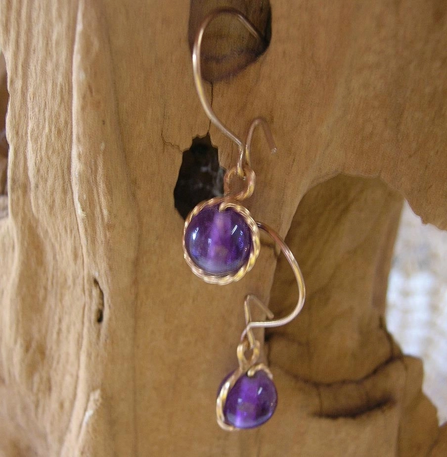 Striking Adornment 6mm Amethyst Beads Wirewrapped Drop Earrings - February Birthstone