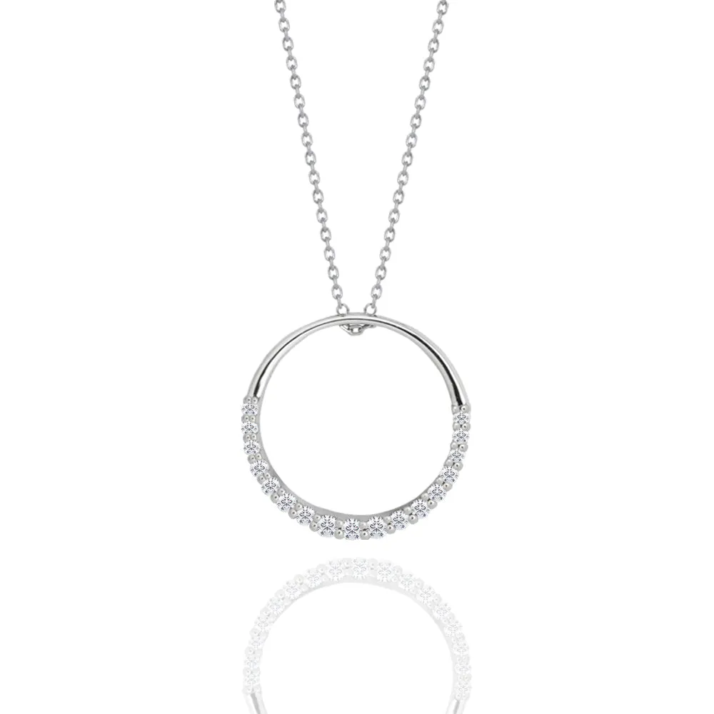 Ornamental Chain Circle Pave-Accented 0.25 Carat Round Moissanite Pendant Necklace in 18K White Gold Plating over Silver