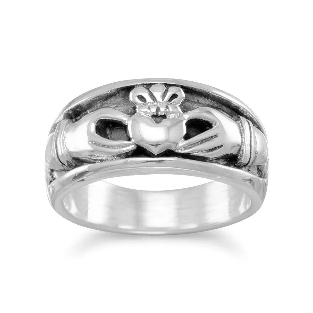 Claddagh Band Ring Mens Womens Inset Design Sizes 6-14 Antiqued Sterling Silver, 6 Versatile Piece Precious Jewelry