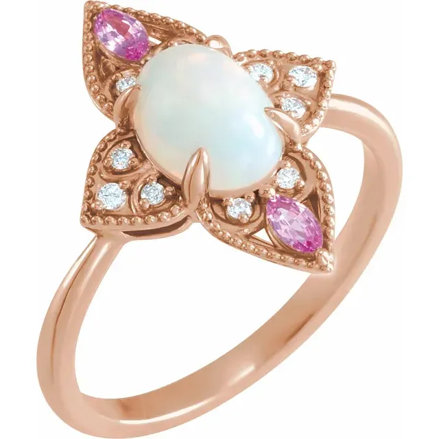 14K Rose Ethiopian Opal, Pink Sapphire & .05 CTW Diamond Vintage-Inspired Ring Resilient Design