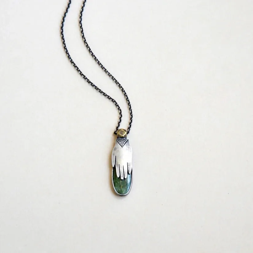 Premium Accent Hand Milagro Necklace - Oxidized Sterling Silver, Brass   Jade Gemstone