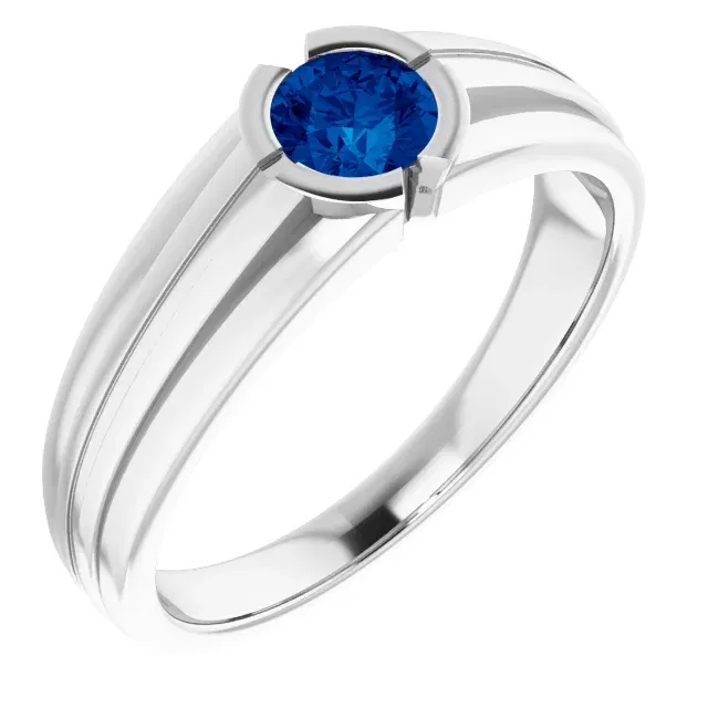 Traditional Design 14K White Lab-Grown Blue Sapphire Ring