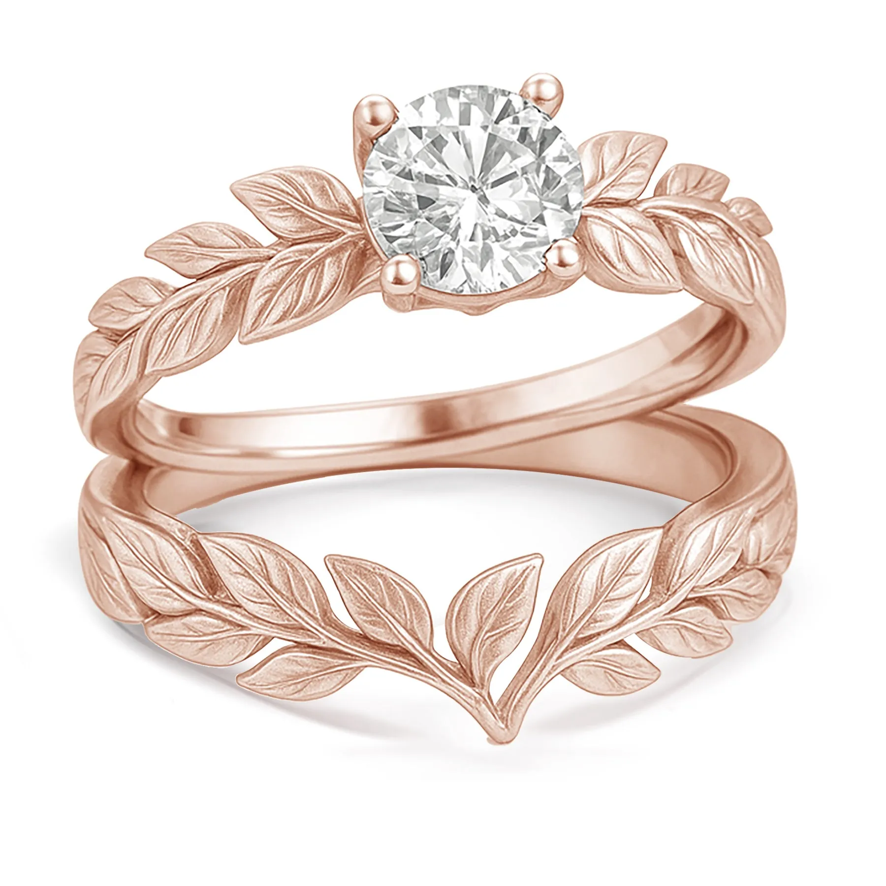 Certified 1 Ct Round Lab Diamond Leafy Bridal Set Elegant Pairing