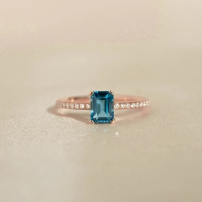 Baguette London Blue Topaz and Diamond Ring Rose Gold - Safiya Luxury feature Fashion Treasures