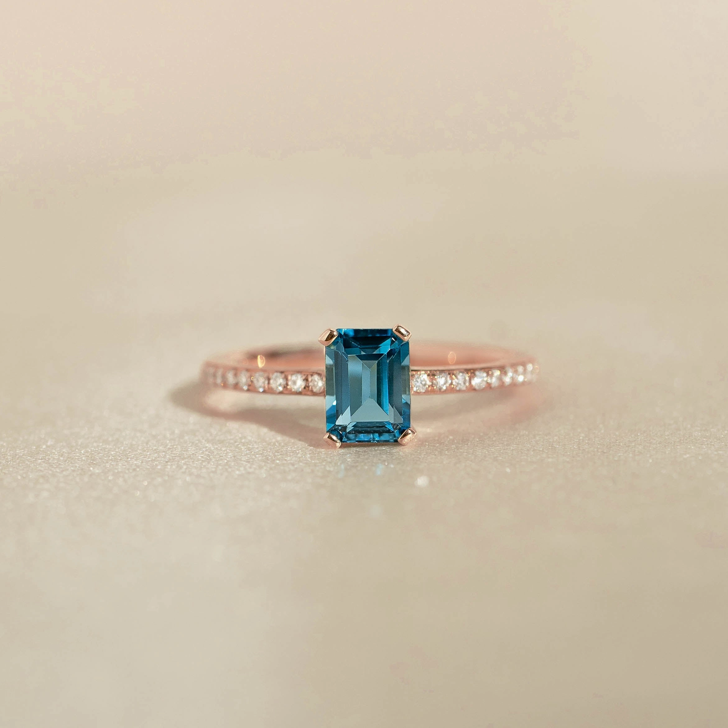 Baguette London Blue Topaz and Diamond Ring Rose Gold - Safiya Graceful Form Impressive Feature