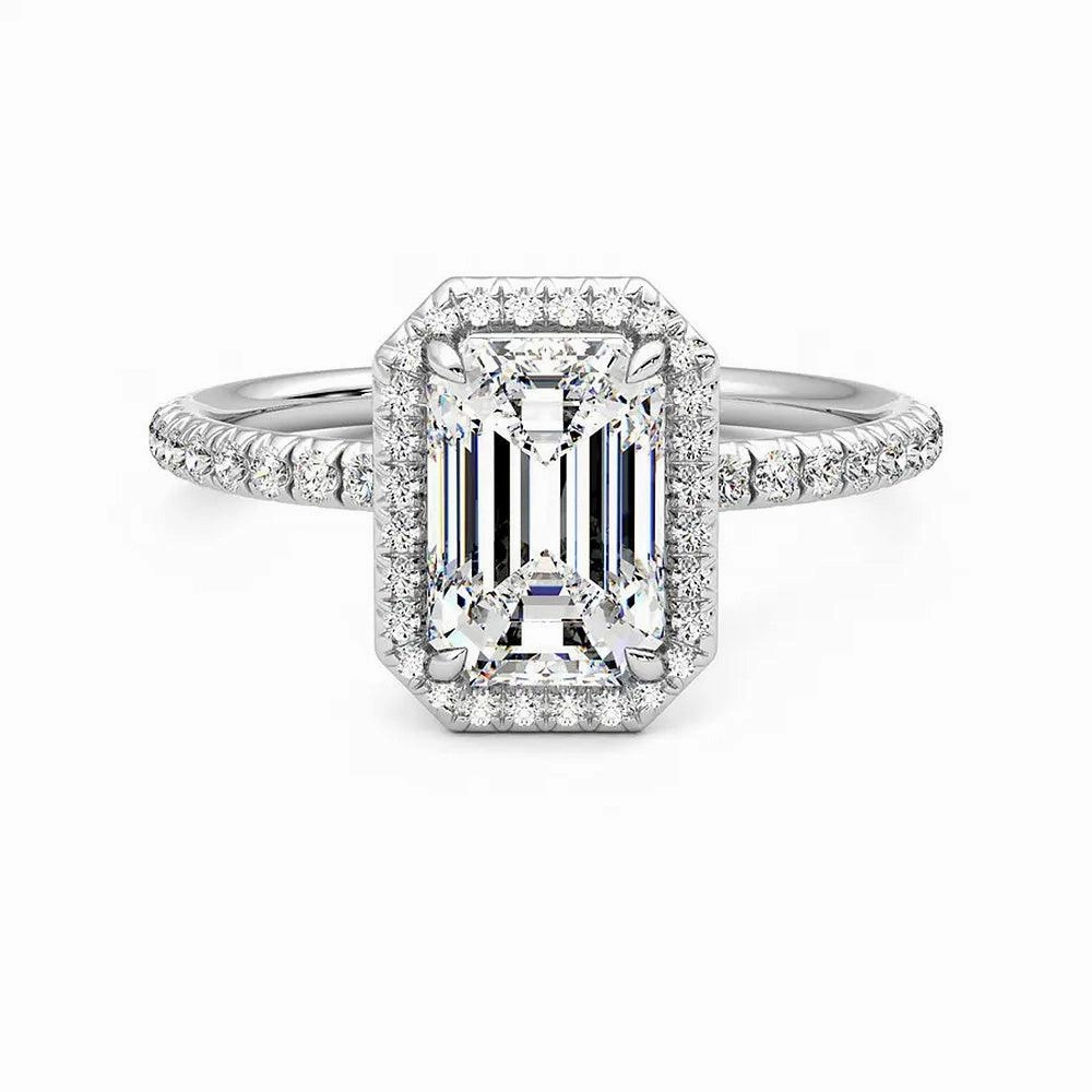 Casual Pair Classic Halo Emerald Cut Moissanite Engagement Ring with Hidden Anniversary Stone Accent