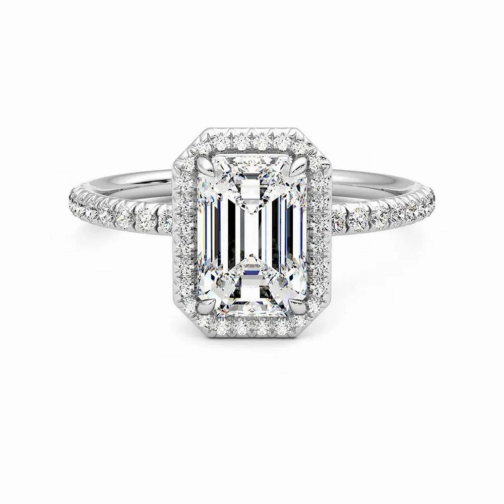 Luxury Spark Classic Halo Emerald Cut Moissanite Engagement Ring with Hidden Anniversary Stone Accent