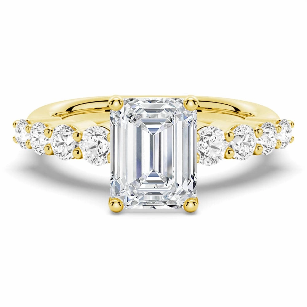 Classic Shared Prong Emerald Cut Moissanite Engagement Ring Vivid Finish Luxury Night
