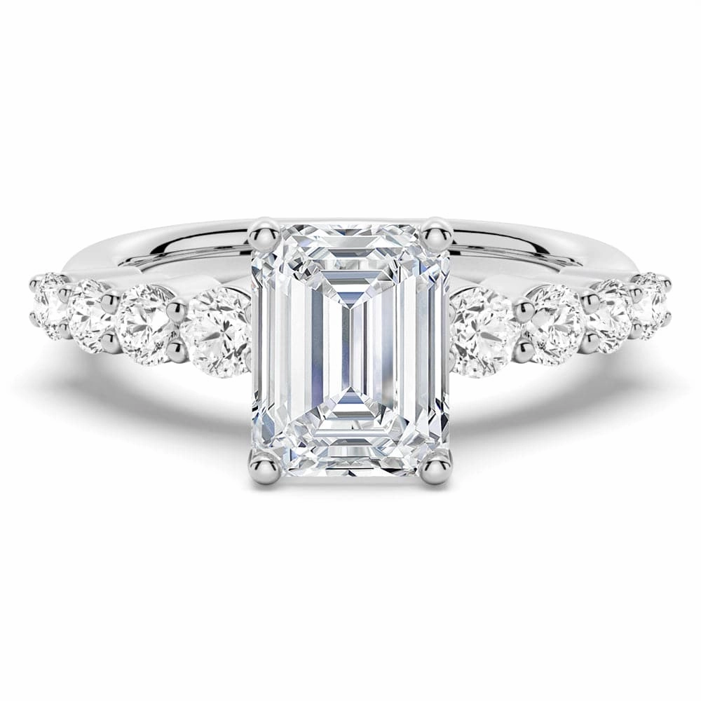 Fashionable Edge Classic Shared Prong Emerald Cut Moissanite Engagement Ring