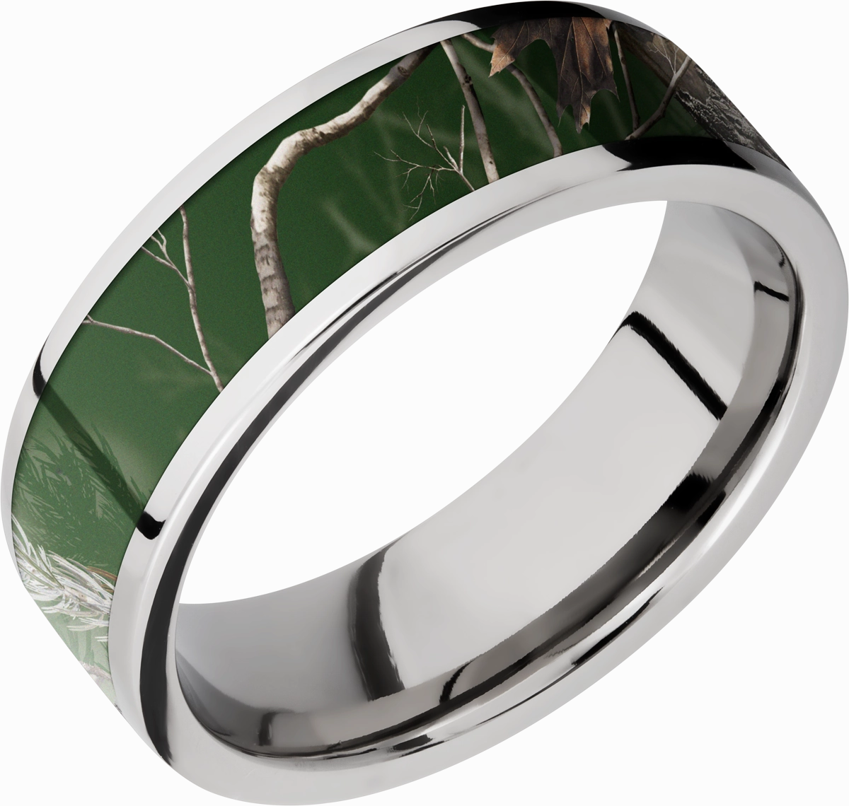 Cobalt chrome 7mm flat band with a 5mm inlay of Realtree APC Green Camo Urban Favorite Shimmering Glow