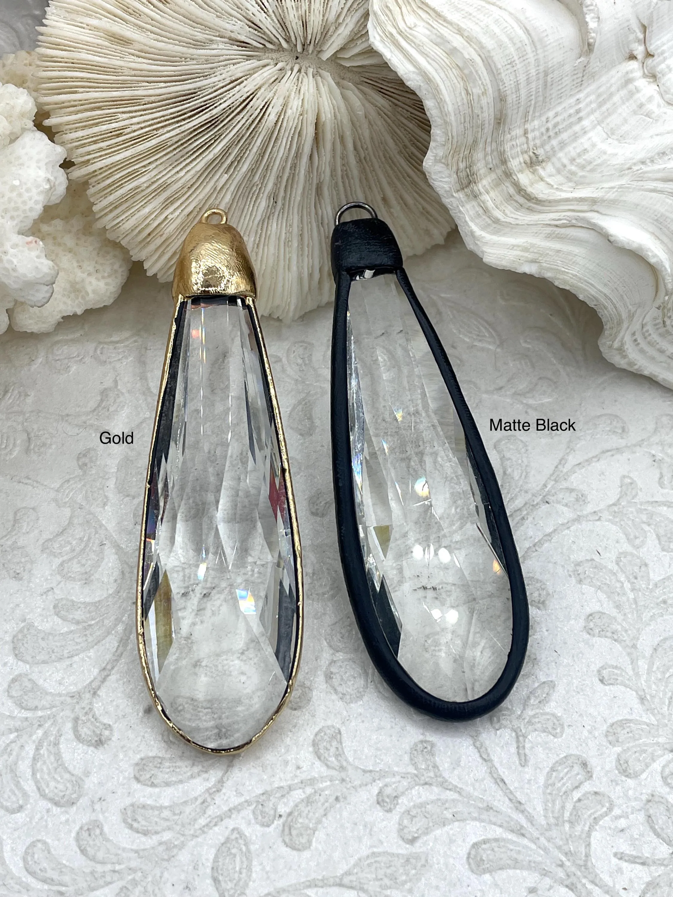 Artful Touch Clear Crystal Teardrop, Gold or Matte Black Soldered Pendants. Teardrop Soldered Charm, Drop Soldered Pendants, 2 Styles. Fast Shipping