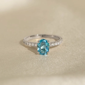 Elite Finish Vibrant Jewelry Shine Oval Swiss Blue Topaz and Diamond Ring White Gold - Minette