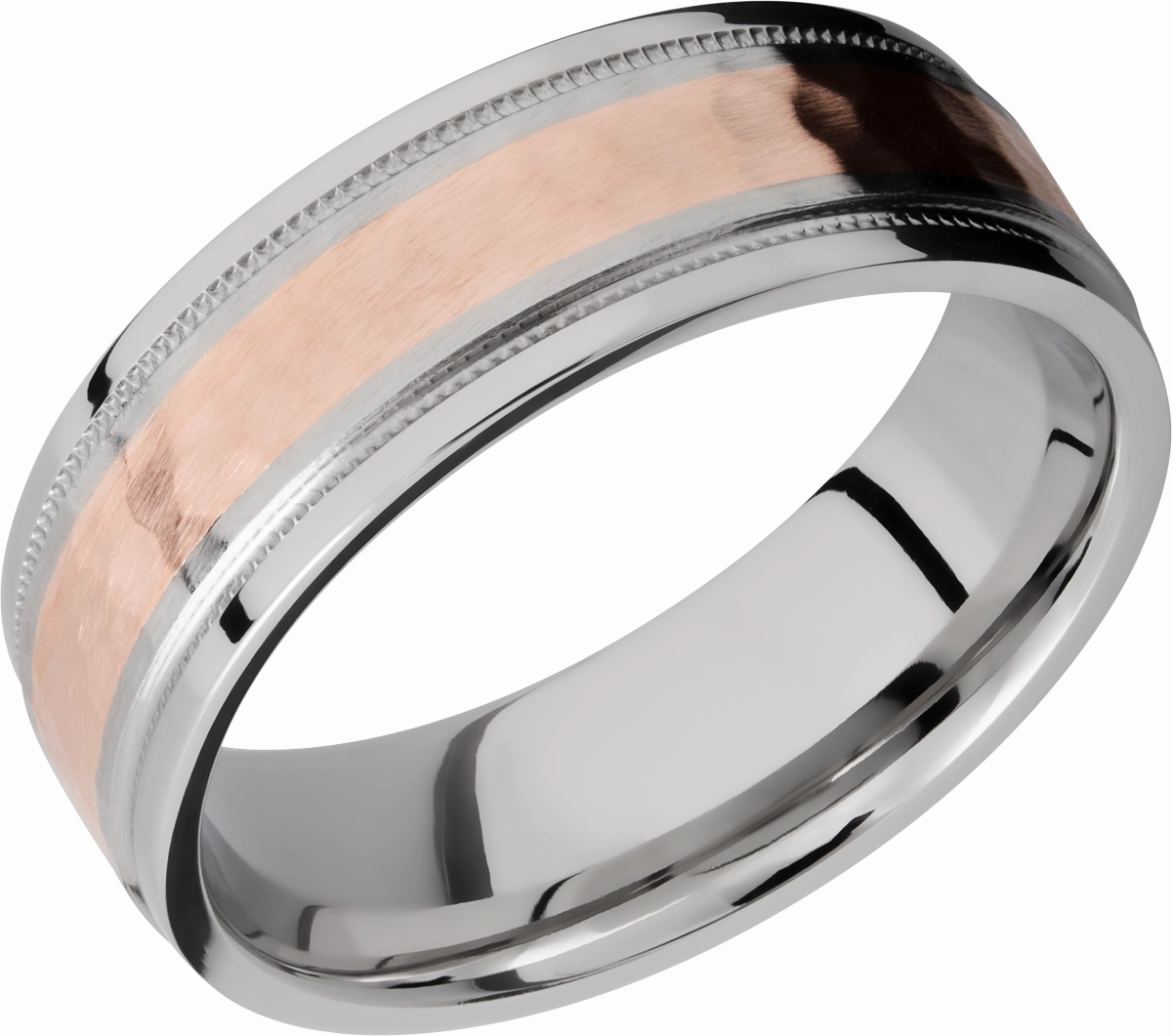 Cobalt chrome 7.5mm flat band with grooved edges and reverse milgrain detail and inlay of 14K rose gold Daytime Shine Timeless Sparkle