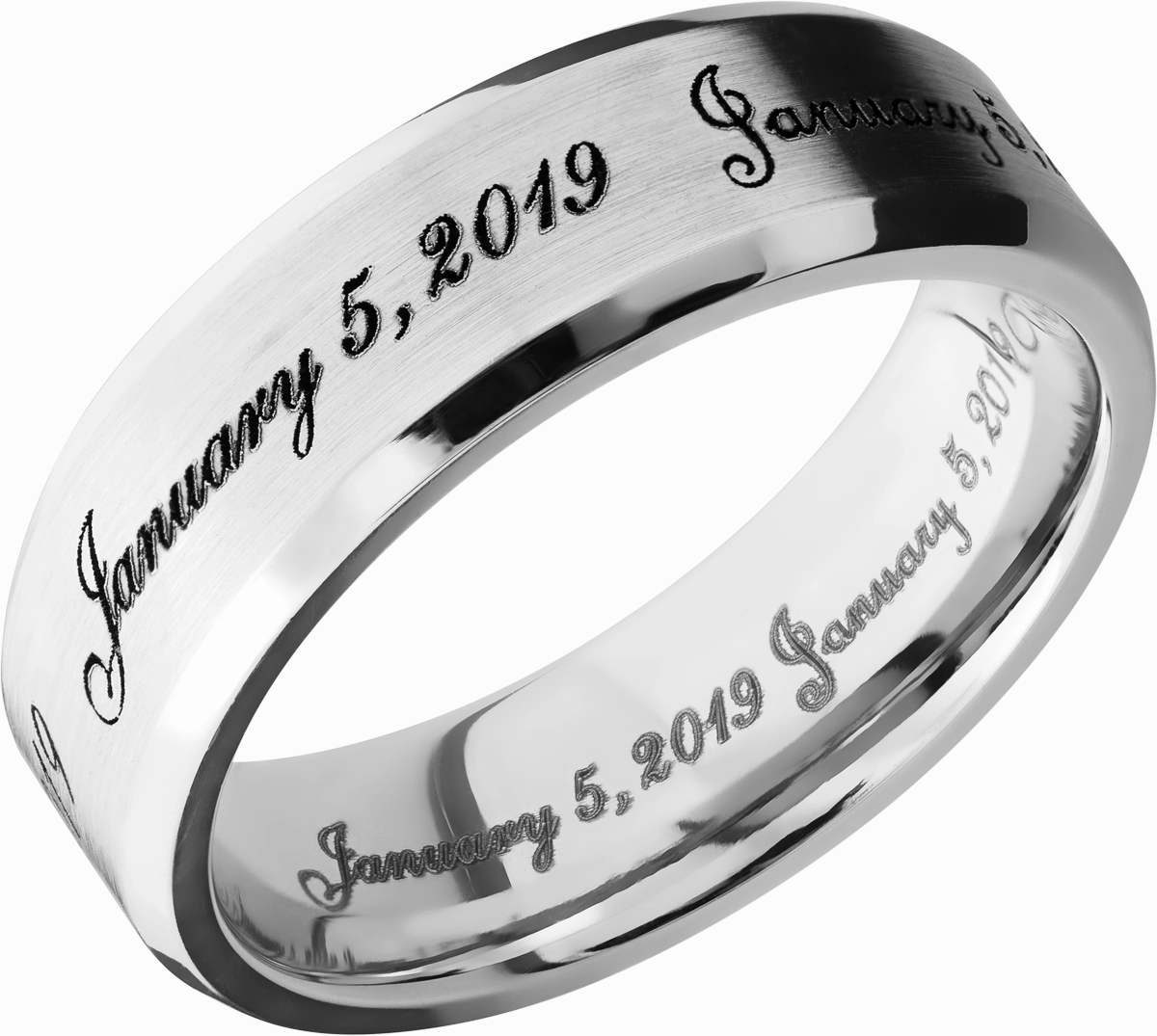 Photo Focus Everyday Pieces Cobalt chrome 7mm beveled band with laser-carved fonts