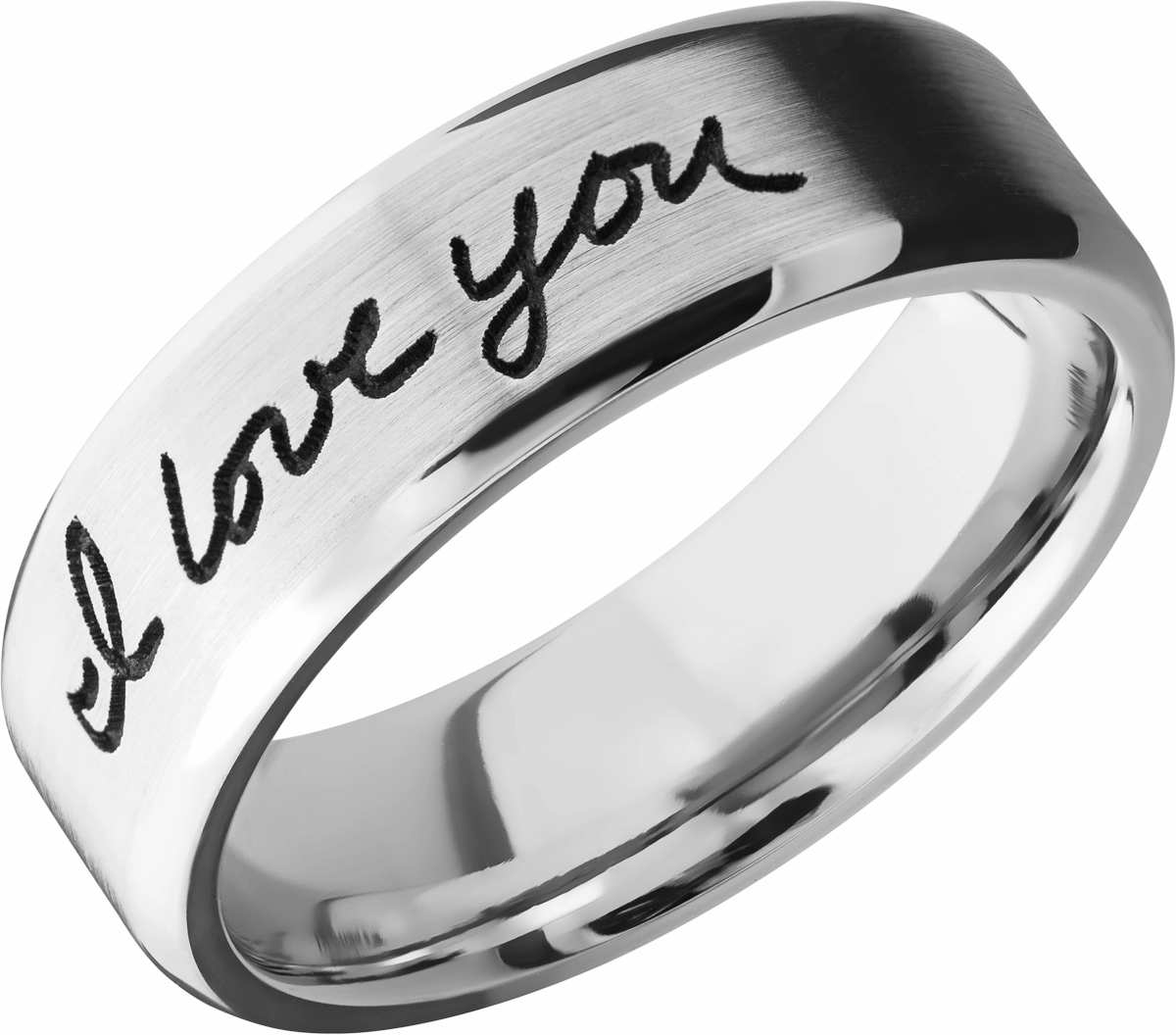 Cobalt chrome 7mm beveled band with laser-carved handwriting Custom Accessories Elegant Glow