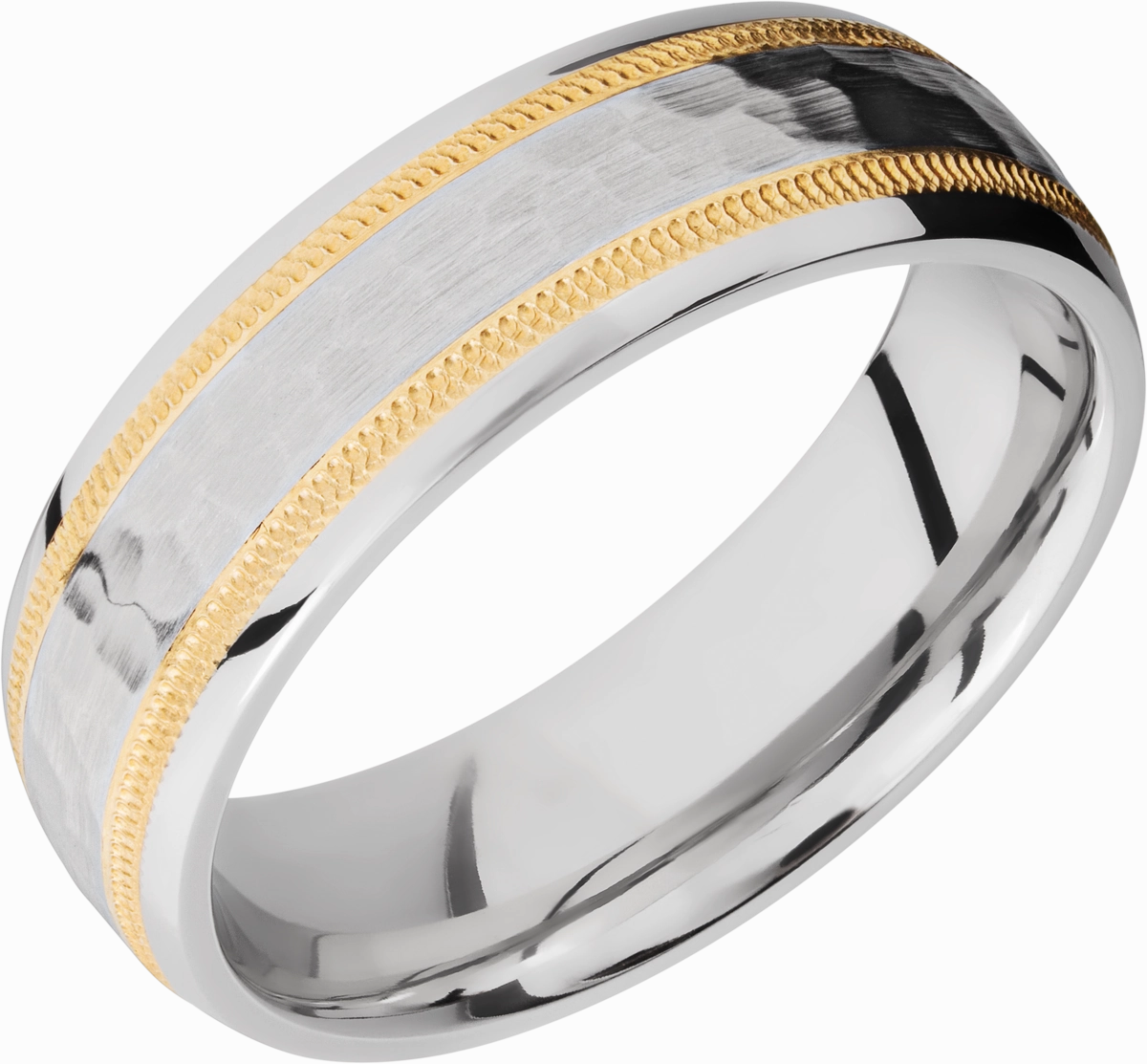 Cobalt chrome 7mm domed band with an two inlays of 14K yellow gold in milgrain Polished Detail Gentle Shine