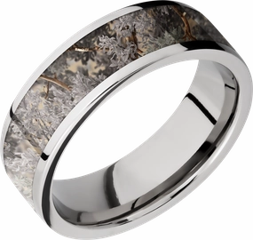 Cobalt chrome 7mm flat band with a 5mm inlay of Kings Desert Camo Modern Appeal
