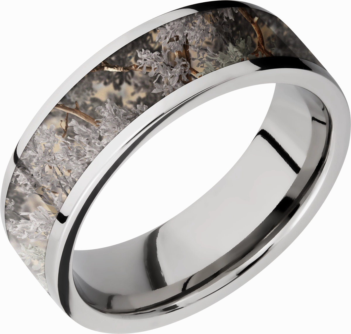 Cobalt chrome 7mm flat band with a 5mm inlay of Kings Desert Camo Modern Appeal