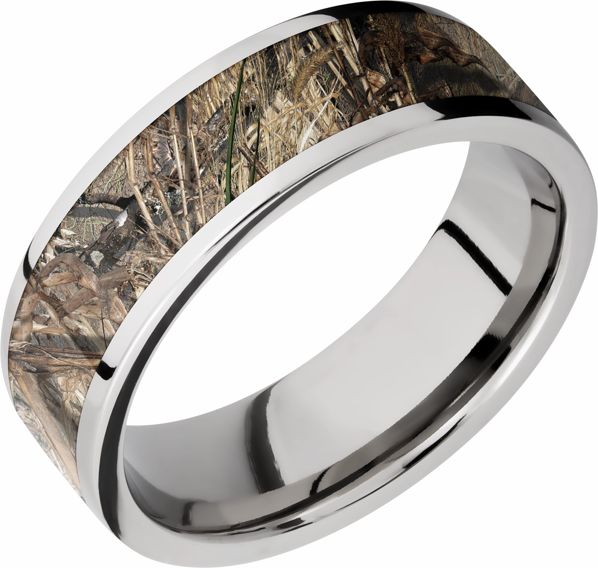 Cobalt chrome 7mm flat band with a 5mm inlay of Mossy Oak Duck Blind Camo Timeless Design Dainty Touch