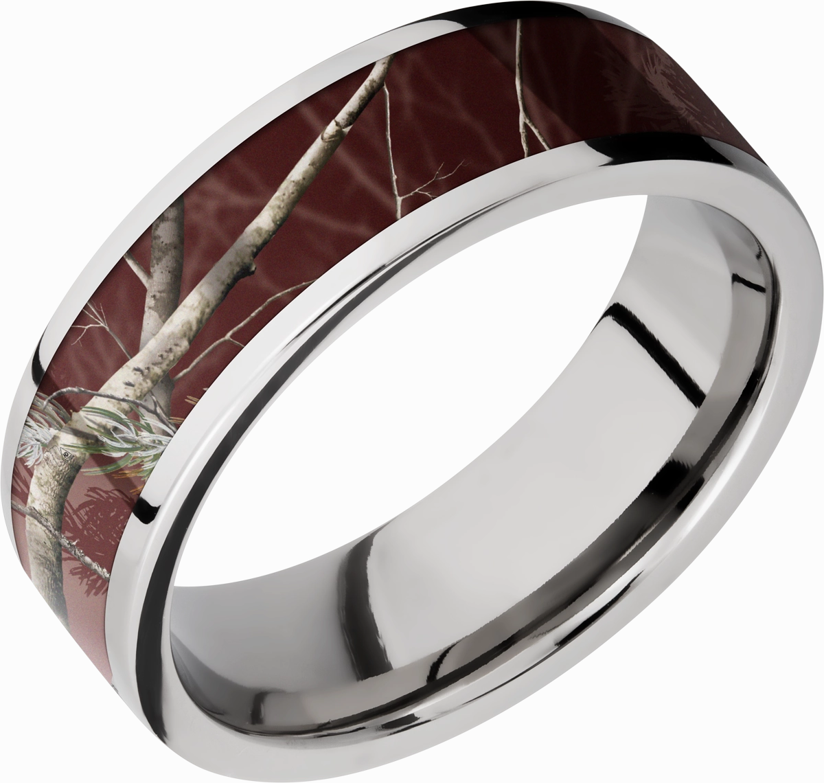 Polished Radiance Anniversary Surprise Cobalt chrome 7mm flat band with a 5mm inlay of Realtree APC Maroon Camo