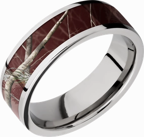 Polished Radiance Anniversary Surprise Cobalt chrome 7mm flat band with a 5mm inlay of Realtree APC Maroon Camo