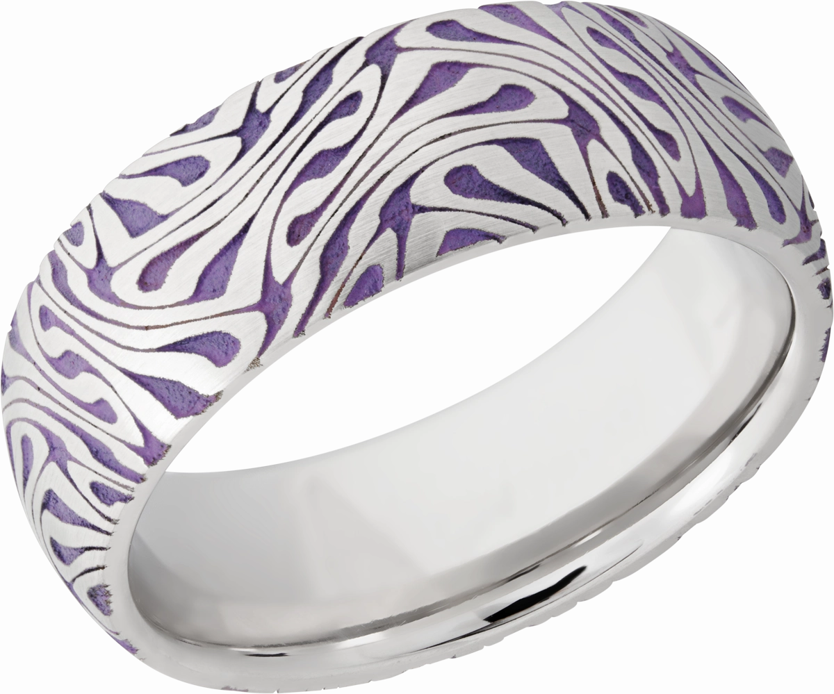 Sparkling Jewelry Showstopper Look Cobalt chrome 8mm domed band with a laser-carved escher pattern featuring Bright Purple Cerakote in the recessed pattern