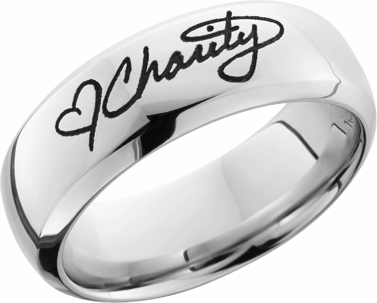 Cobalt chrome 8mm domed band with a laser-carved handwritten message Urban Feature Luxury Jewelry