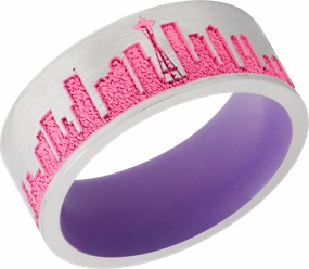 Vibrant Jewelry Shine Finish Cobalt chrome 8mm flat band with a laser-carved New York skyline featuring Pink Cerakote in the recessed pattern and Bright Purple Cerakote on the sleeve