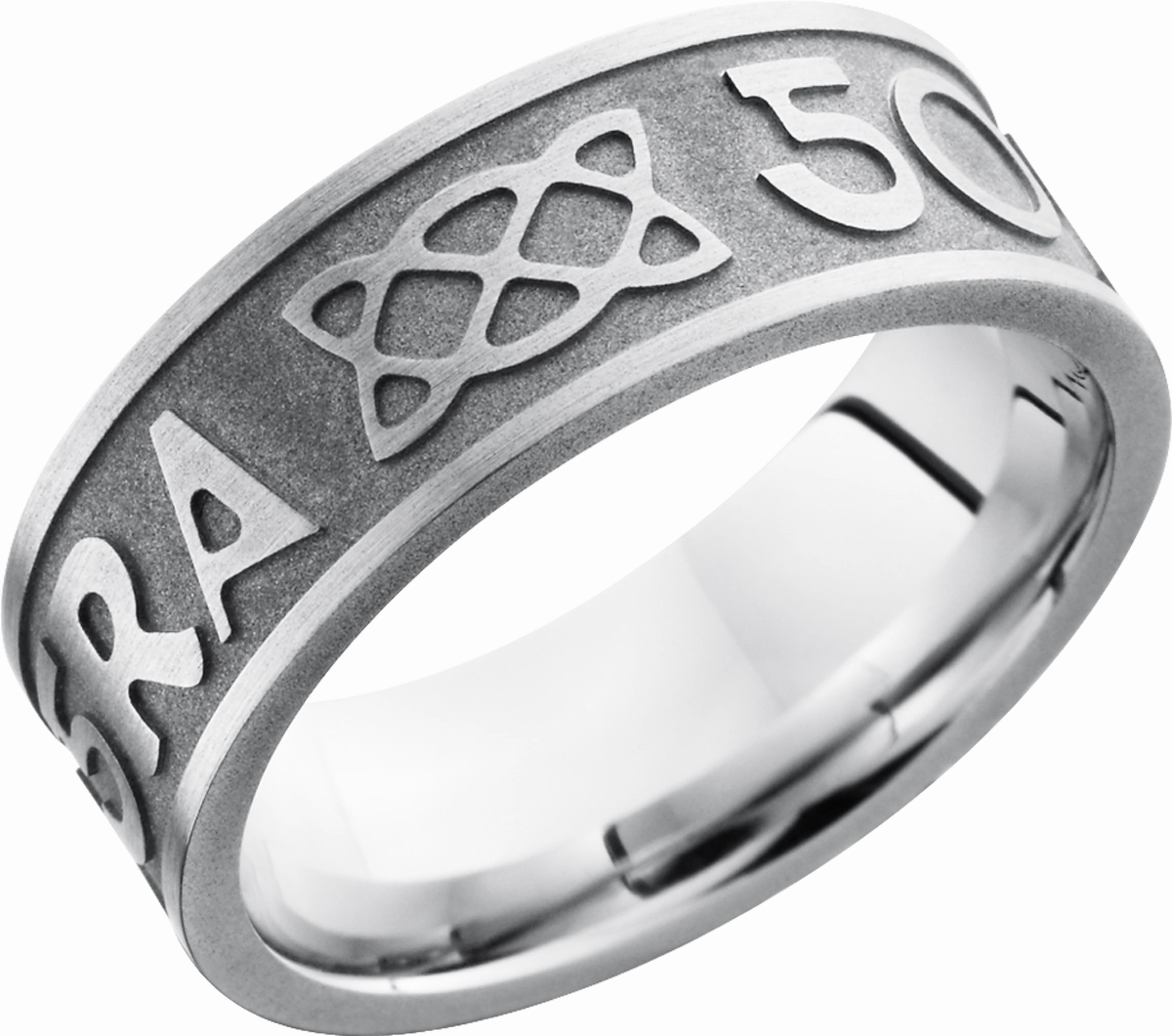 Sleek Shape Cobalt chrome 8mm flat band with a laser-carved pattern