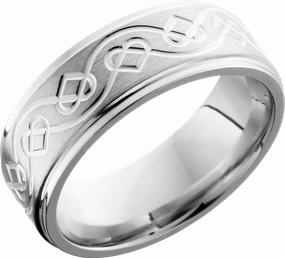 Cobalt chrome 8mm flat band with grooved edges and a laser-carved Celtic heart pattern Elegant Edge
