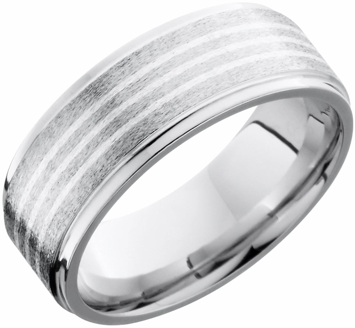 Cobalt chrome 8mm flat band with grooved edges featuring 3, .5mm inlays of sterling silver Classic Beauty Dainty Touch